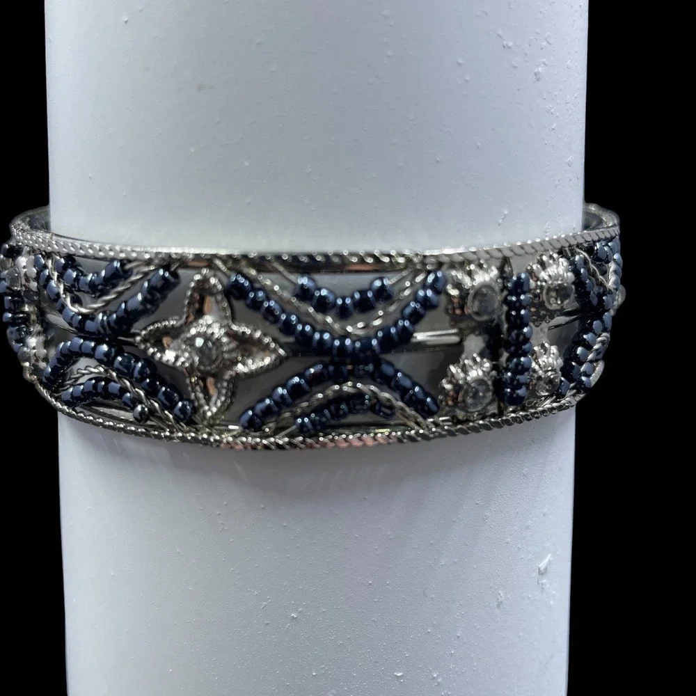 Vintage Silver Tone Cuff Bracelet Rhinestone‎ Beaded Bangle Statement Jewelry